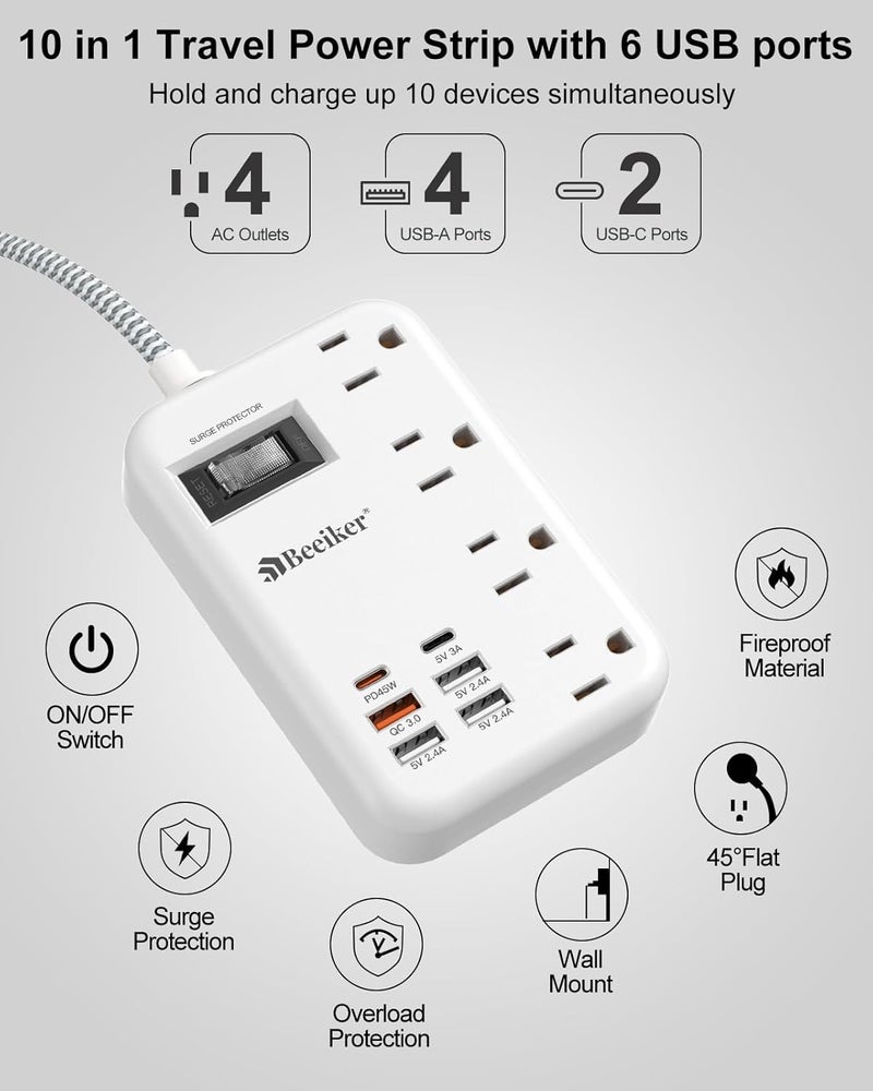 Beeiker 45W USB C Travel Power Strip- PD 45W Fast Charging Station with 6 USB(2 USB C) Ports and 4 Outlets,5Ft Flat Plug Braided Extension Cord Surge Protector for MacBook Laptops iPad Pro iPhone Samsung 13A - Image 4